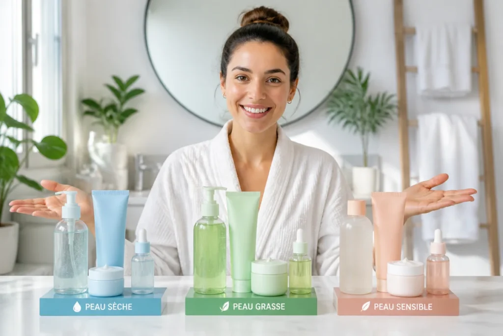 Personne souriante présentant une routine soin du visage personnalisée avec produits pour peaux sèche, grasse et sensible.