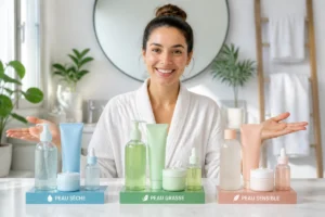 Personne souriante présentant une routine soin du visage personnalisée avec produits pour peaux sèche, grasse et sensible.