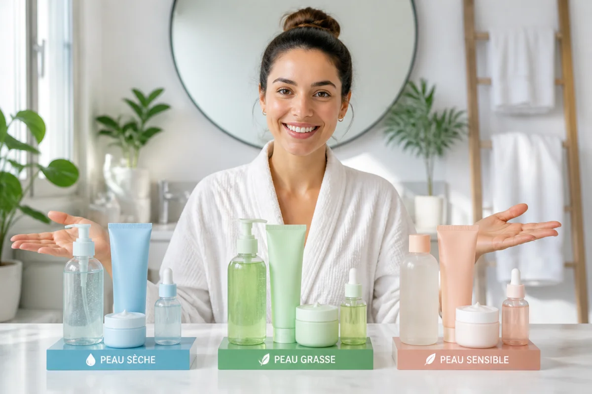 Personne souriante présentant une routine soin du visage personnalisée avec produits pour peaux sèche, grasse et sensible.