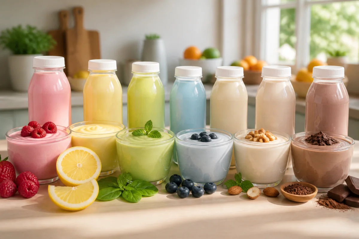 So Shape avis : assortiment coloré de repas prêts à consommer et boissons nutritionnelles aux saveurs variées.