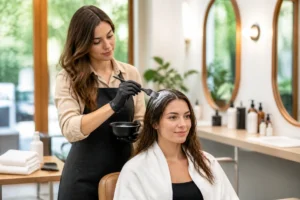 Coiffeuse appliquant un soin réparateur sur les cheveux secs et abîmés d’une cliente en salon professionnel lumineux