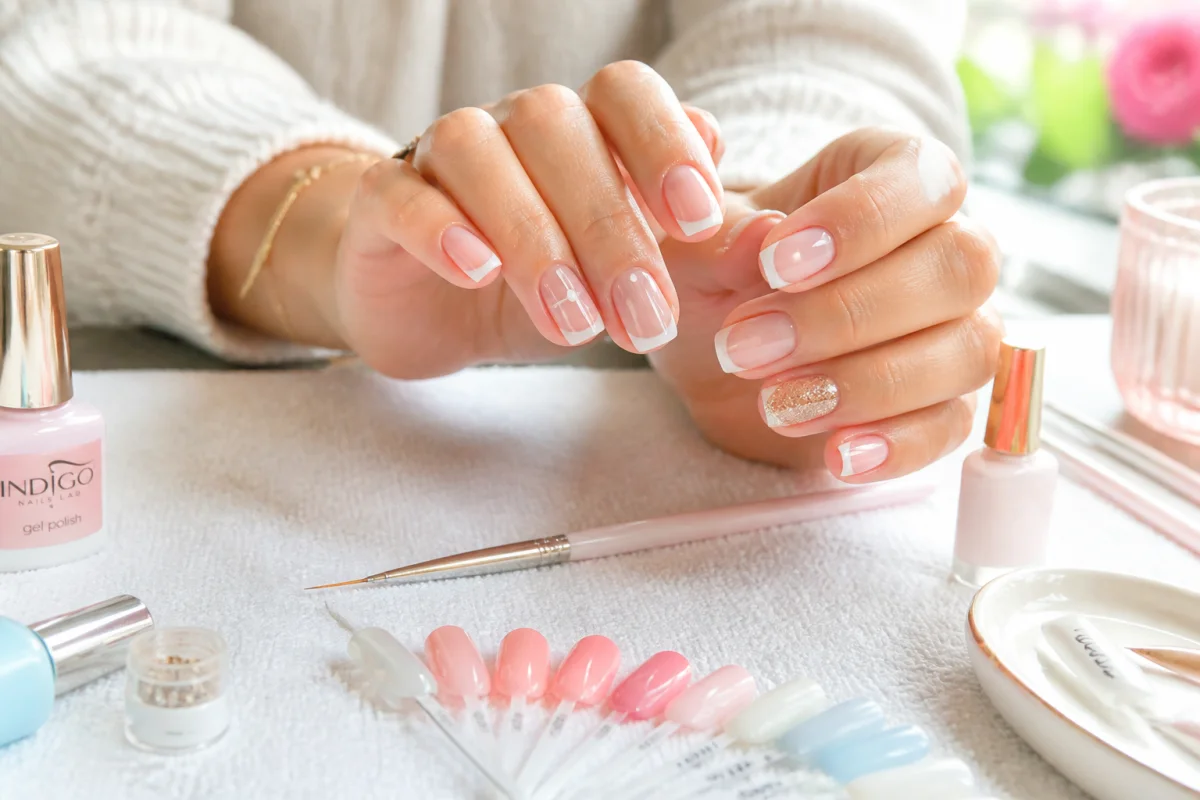 Soin des ongles à la maison avec manucure personnalisée, motifs fins, french manucure et ongle pailleté