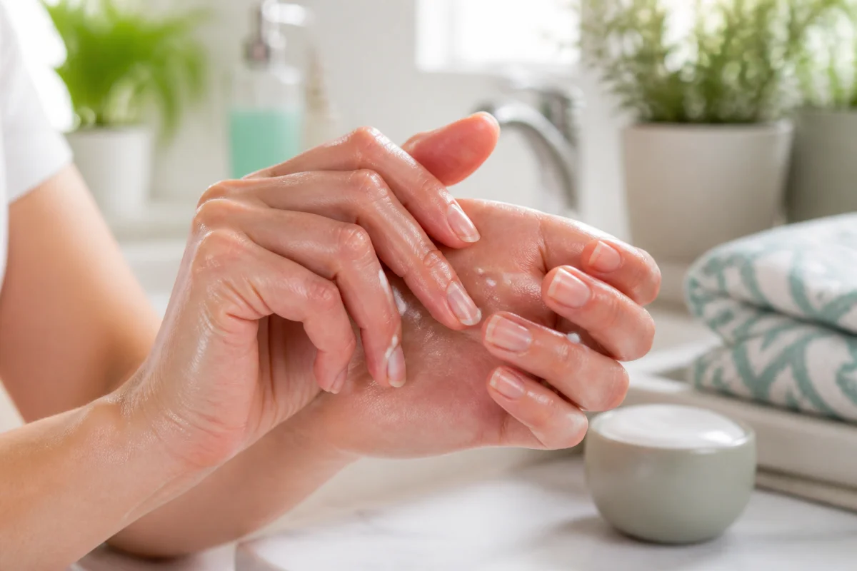 Soin des ongles à la maison avec huile nourrissante et crème hydratante, dans une salle de bain lumineuse