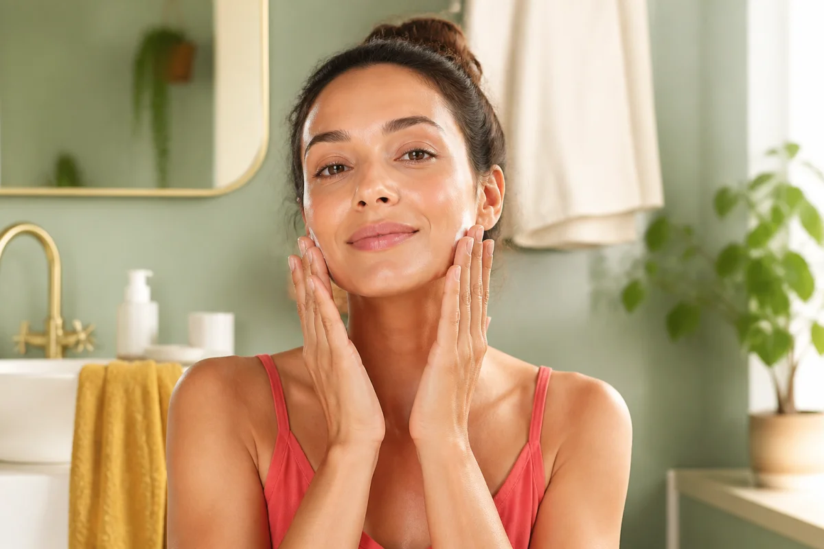 Femme appliquant un soin du visage naturel par massage, dans une salle de bain lumineuse et apaisante