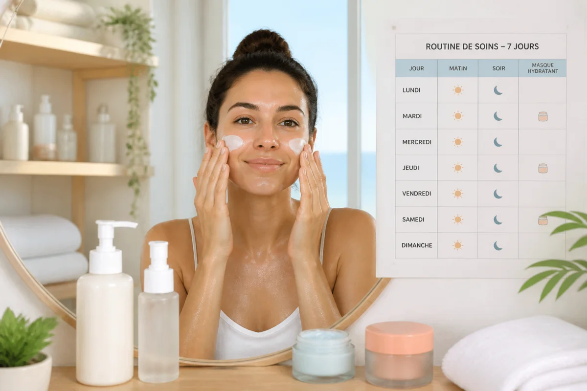 Personne appliquant un soin du visage naturel devant un miroir, avec produits, masque hydratant et calendrier hebdomadaire 