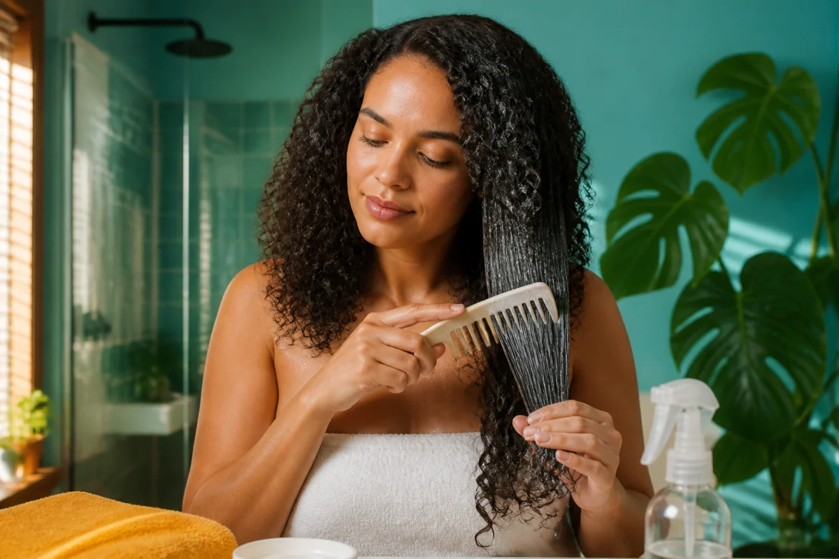 Femme aux cheveux texturés démêlant délicatement ses mèches humides avec un peigne à dents larges et un soin capillaire