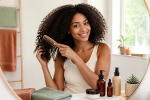 Personne souriante aux cheveux texturés bouclés présentant une routine de soins capillaires dans une salle de bains lumineuse