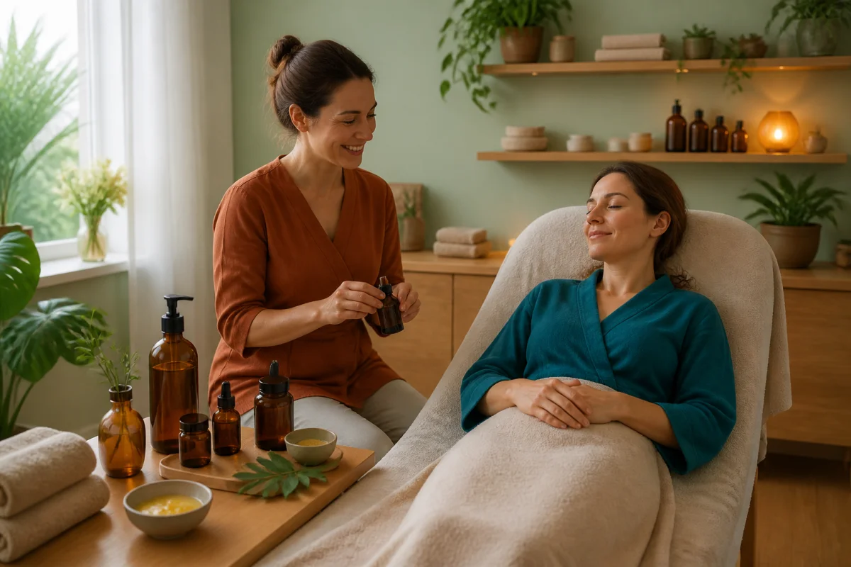 Wellness Institut à Baisieux, esthéticienne personnalisant un soin biologique et vegan pour une cliente détendue шықәса
